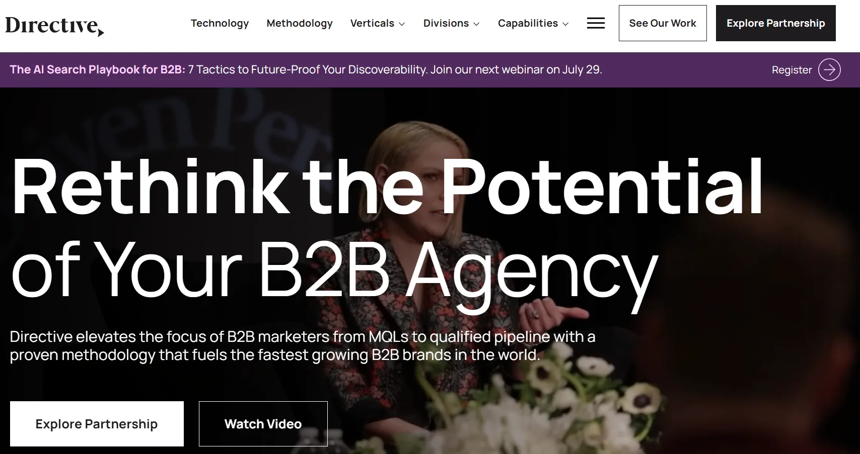 Homepage of Directive Consulting featuring the headline "Rethink the Potential of Your B2B Agency" with a background image of a speaker at a business event, navigation menu, and call-to-action buttons for partnership and video.