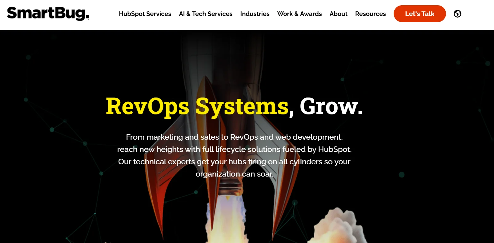 Homepage of SmartBug featuring the headline "RevOps Systems, Grow." with a rocket launch background, HubSpot-focused services, and navigation for AI, industries, resources, and consulting.