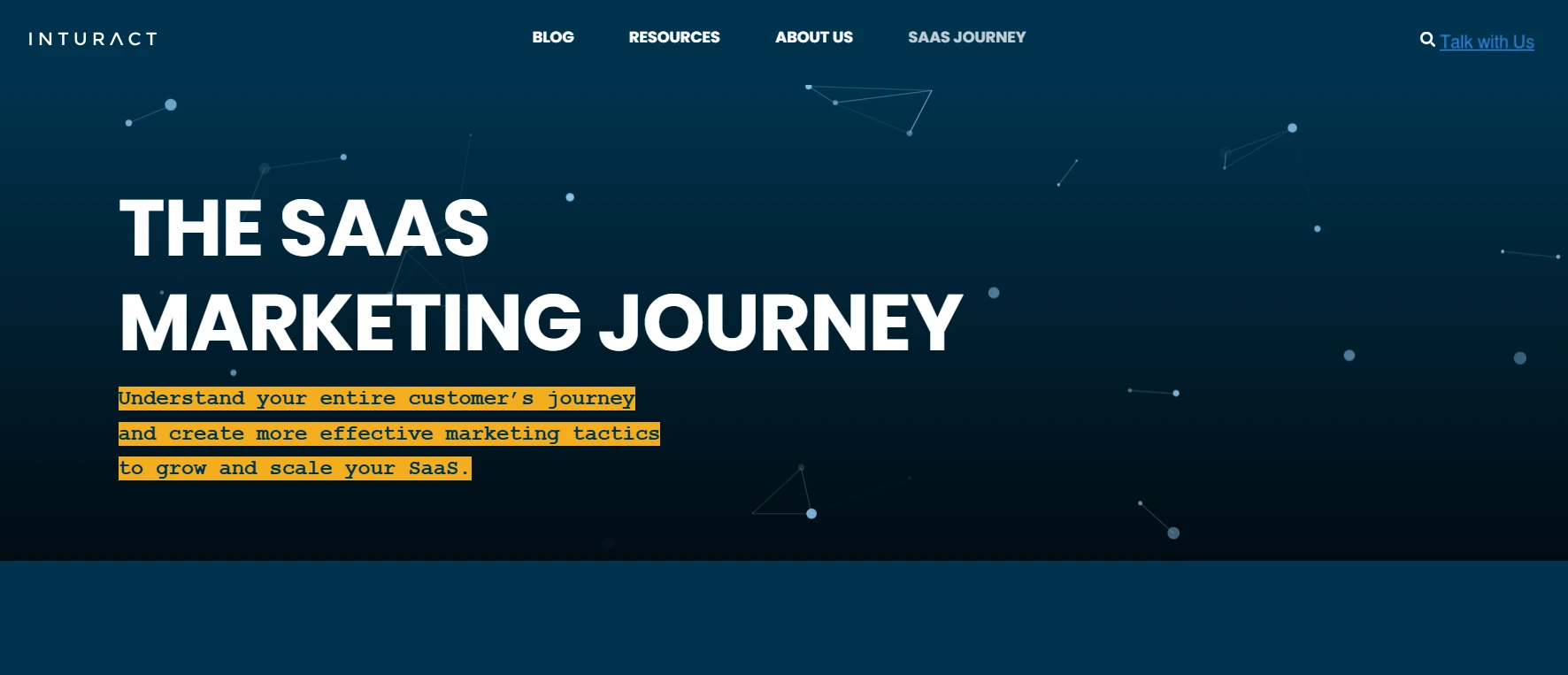 Homepage of Inturact featuring the headline "The SaaS Marketing Journey" with messaging about understanding the customer journey, scaling SaaS growth, and a minimalist dark blue design.
