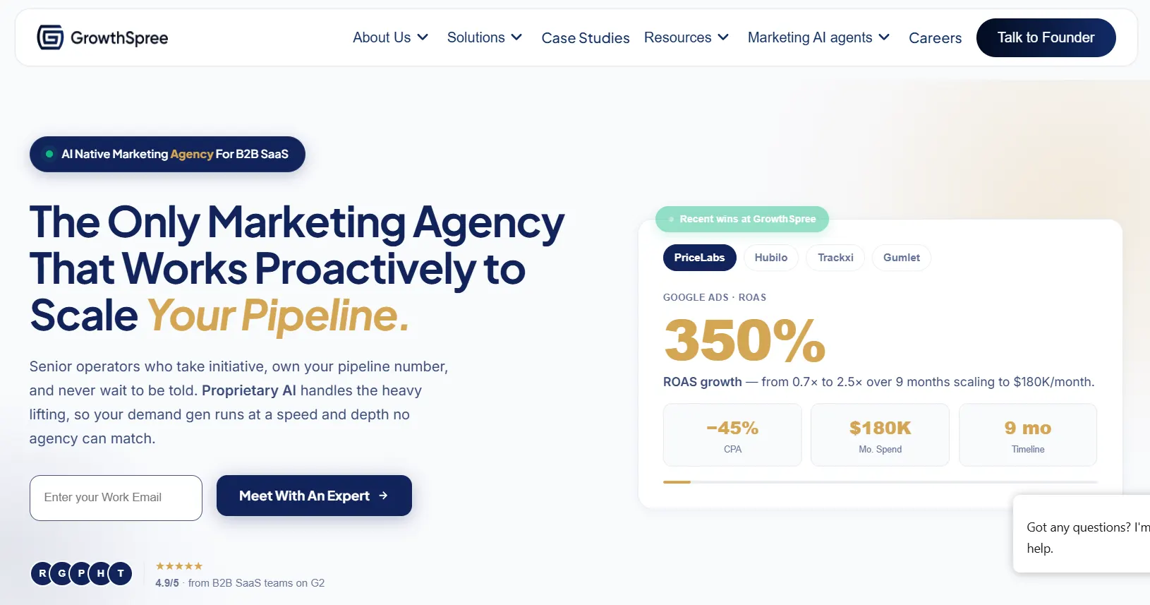 Homepage of GrowthSpree featuring the headline "The Only Marketing Agency That Works Proactively to Scale Your Pipeline" with AI-native marketing messaging, performance metrics, and a call-to-action to meet an expert.