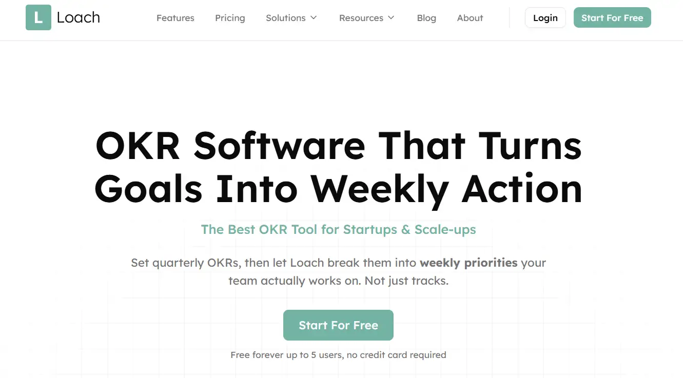 Loach homepage promoting its OKR software for startups with weekly action planning, quarterly OKRs, and free goal management for small teams.