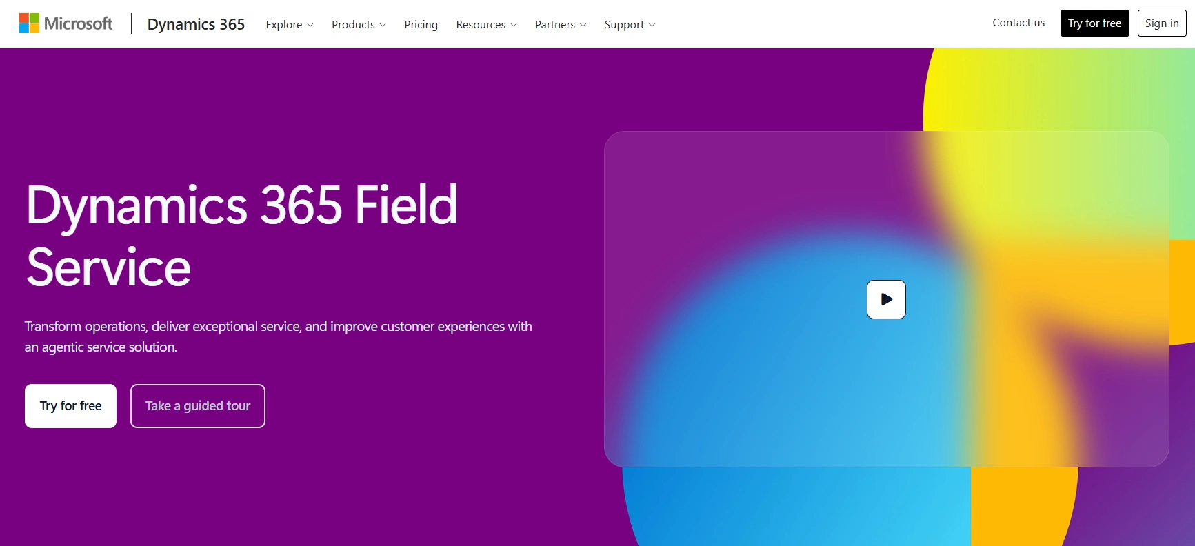 Microsoft Dynamics 365 Field Service dashboard highlighting AI-powered scheduling, work order management, technician dispatch, and customer service automation.