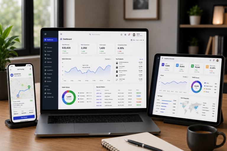 Modern office workspace featuring a laptop with a field service management dashboard, a smartphone displaying live GPS tracking, and a tablet showing business analytics and performance reports on a wooden desk.