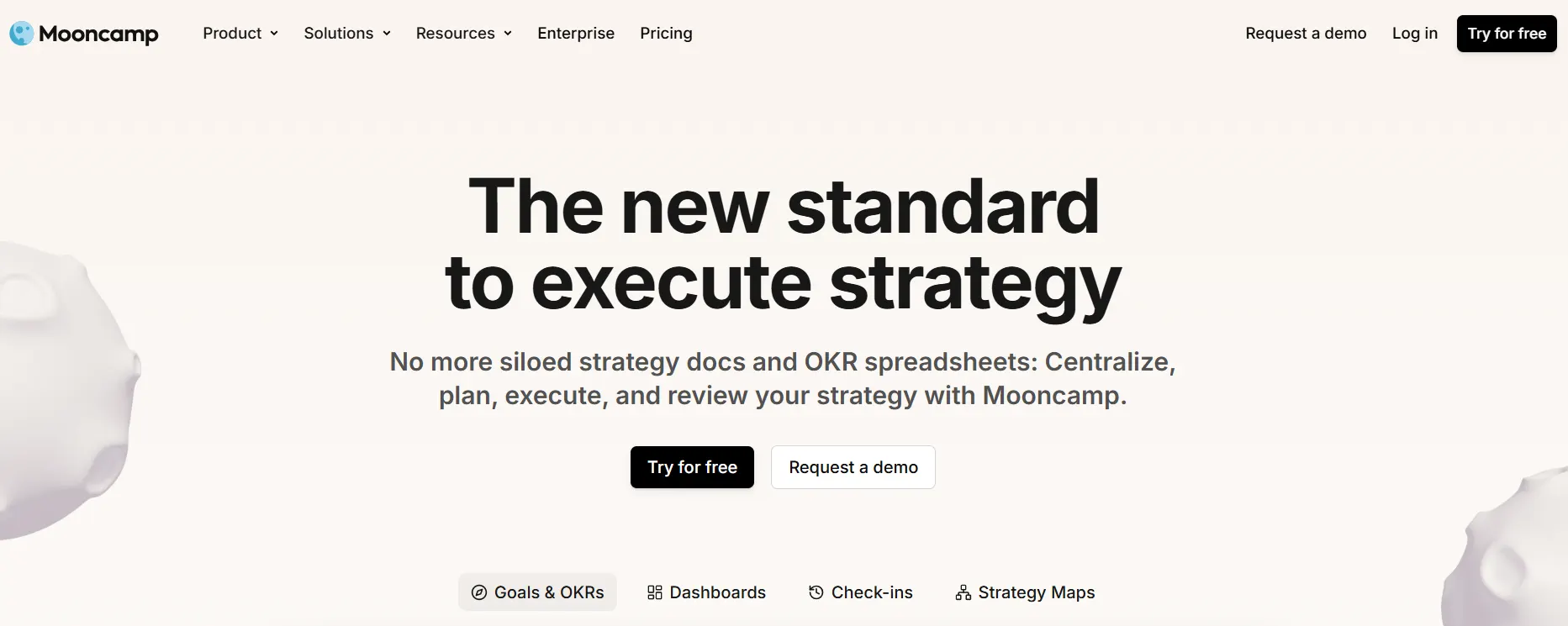 Mooncamp homepage promoting its OKR software with strategy execution, goal management, dashboards, check-ins, and strategy maps for growing teams.
