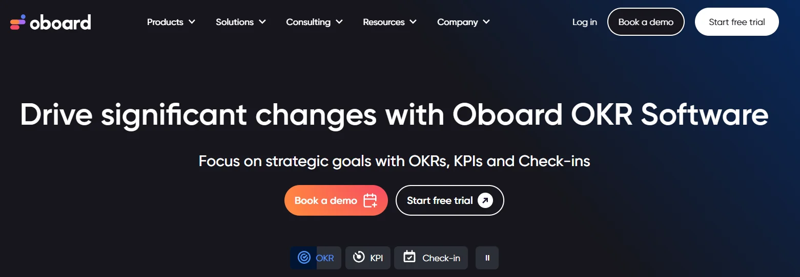 Oboard homepage promoting its OKR software with strategic goal management, KPI tracking, check-ins, and integrations for business performance.