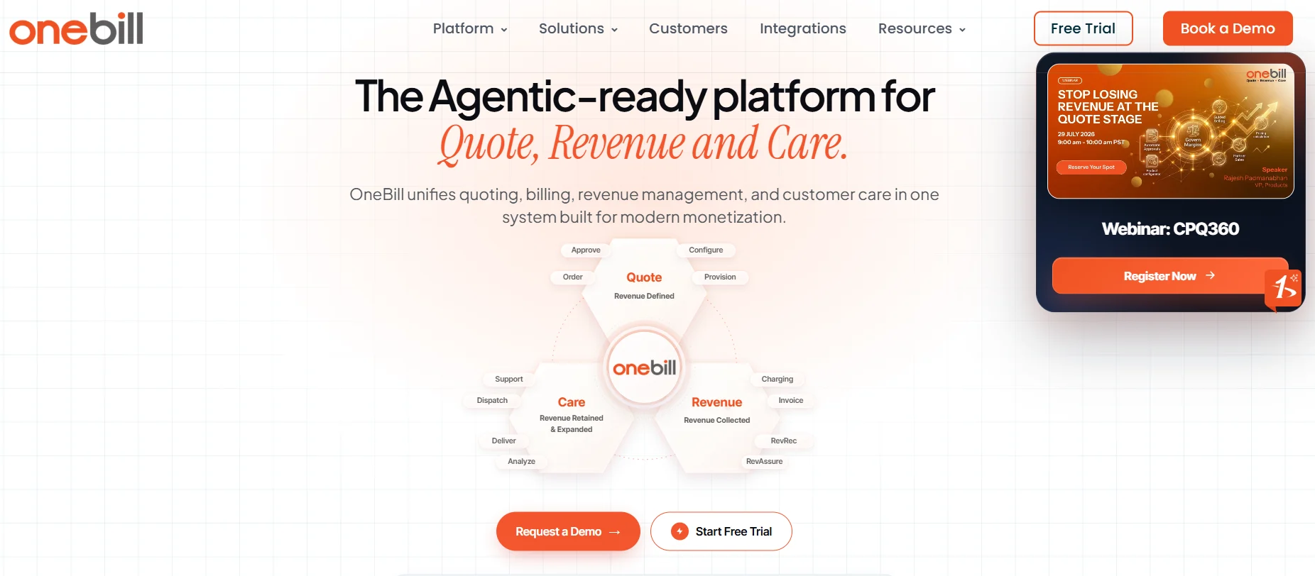 OneBill homepage displaying its quote-to-cash platform with integrated quoting, billing, revenue management, and customer care for subscription businesses.