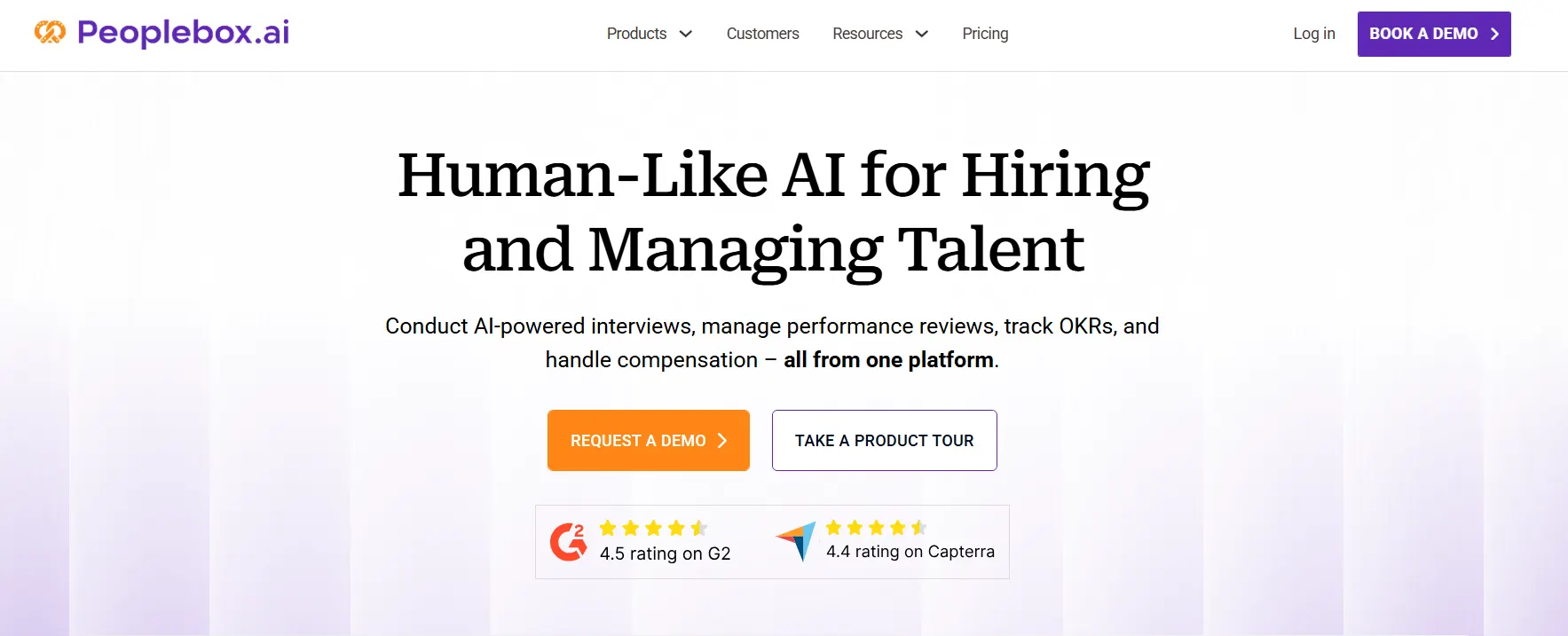 Peoplebox.ai homepage showcasing its AI-powered HR platform for hiring, performance management, OKR tracking, and talent management.