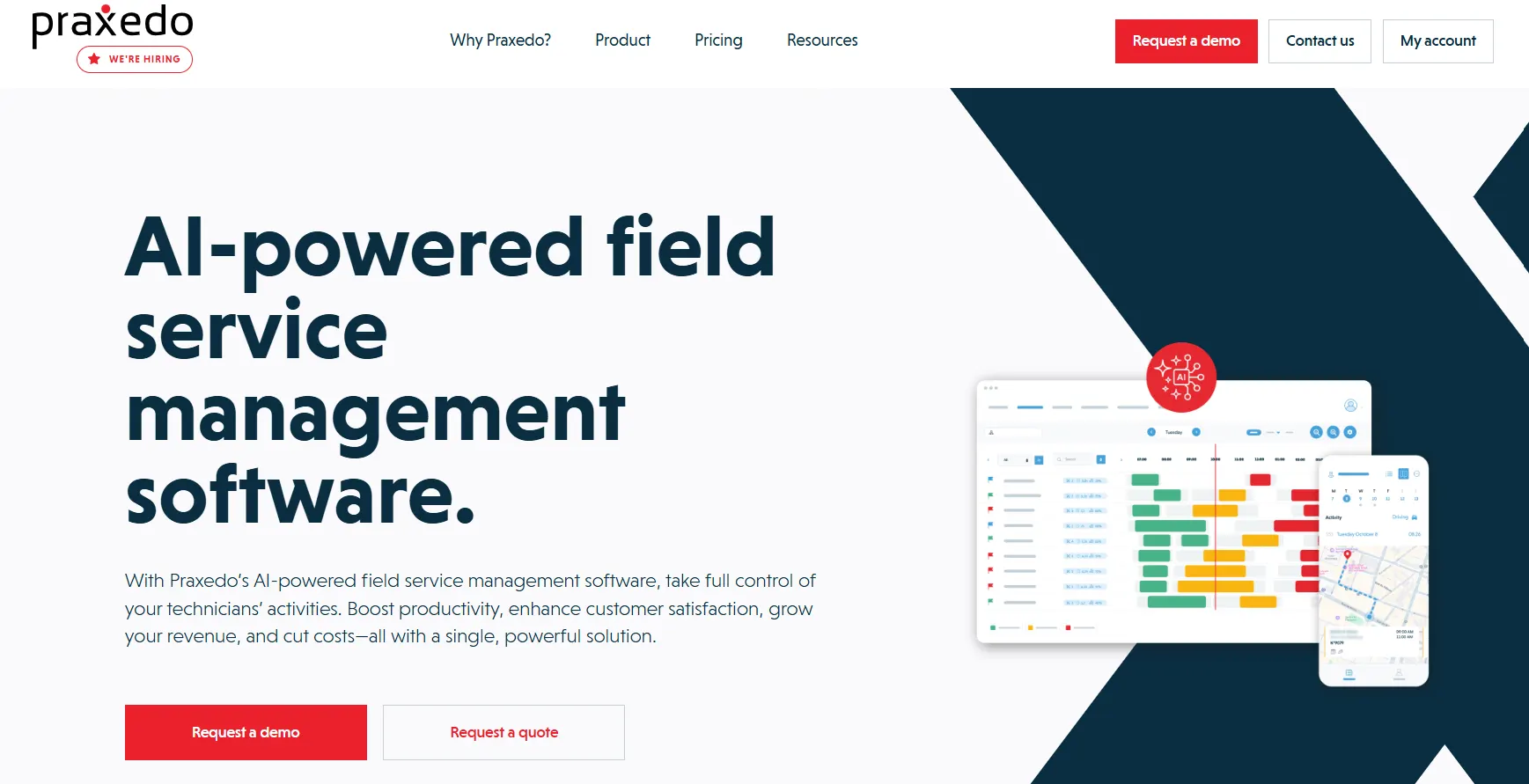 Praxedo field service management software featuring AI-powered scheduling, technician dispatch, mobile workforce management, and field service automation.