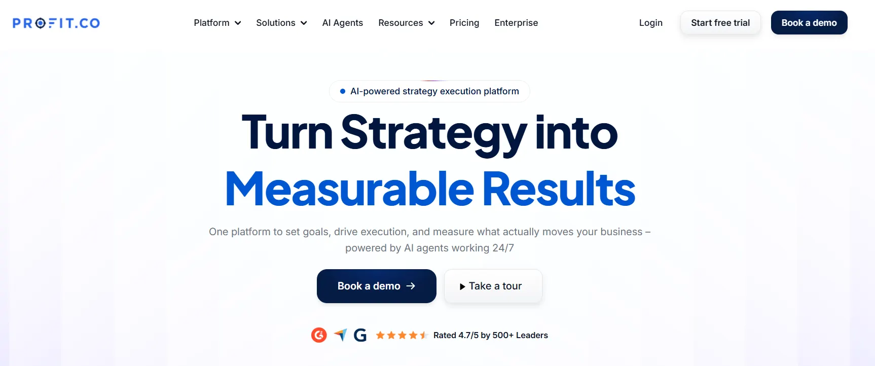 Profit.co homepage highlighting its AI-powered strategy execution platform for OKR management, goal tracking, performance measurement, and business execution.