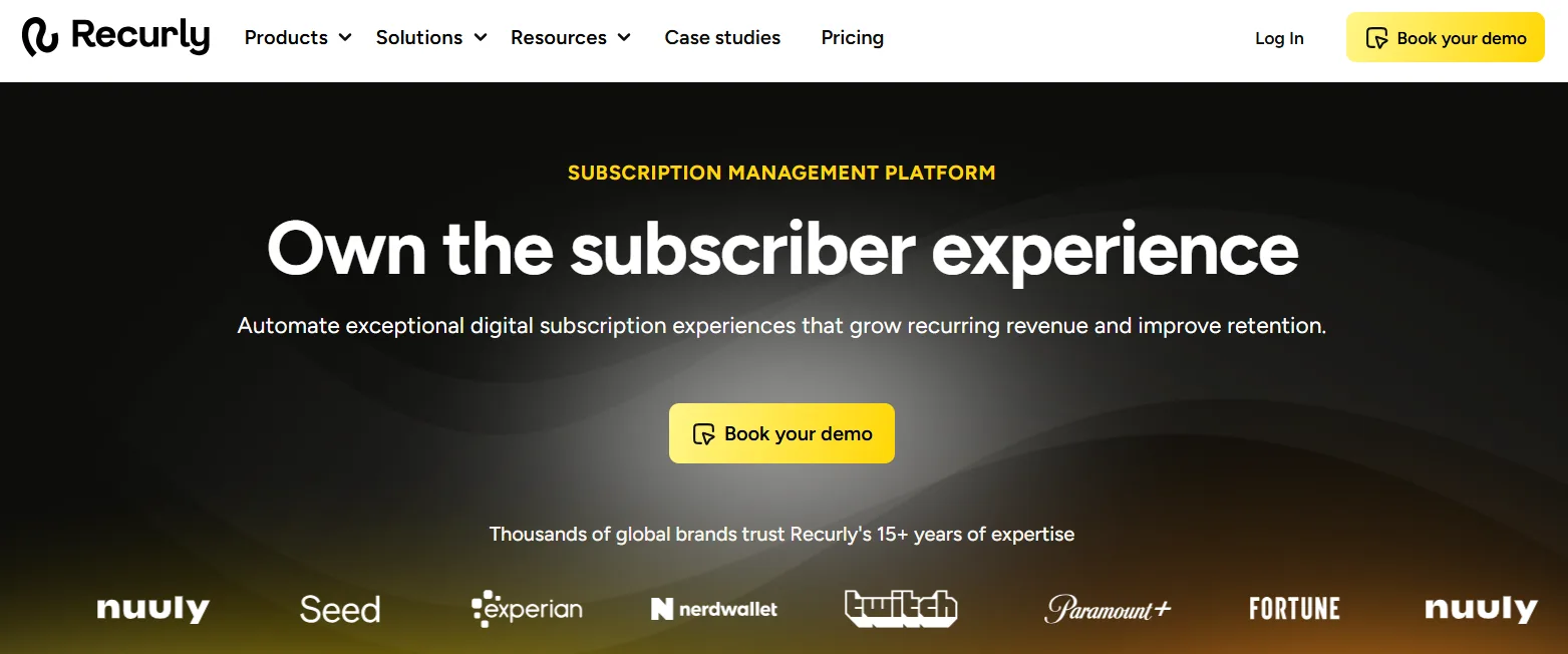 Recurly subscription management platform homepage highlighting recurring billing, subscription management, customer retention, and revenue growth solutions.