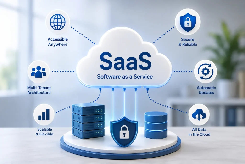 3D illustration of cloud-based SaaS infrastructure with server, database, security, scalability, and cloud computing icons in a modern blue-themed office background.