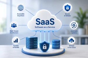 3D illustration of cloud-based SaaS infrastructure with server, database, security, scalability, and cloud computing icons in a modern blue-themed office background.