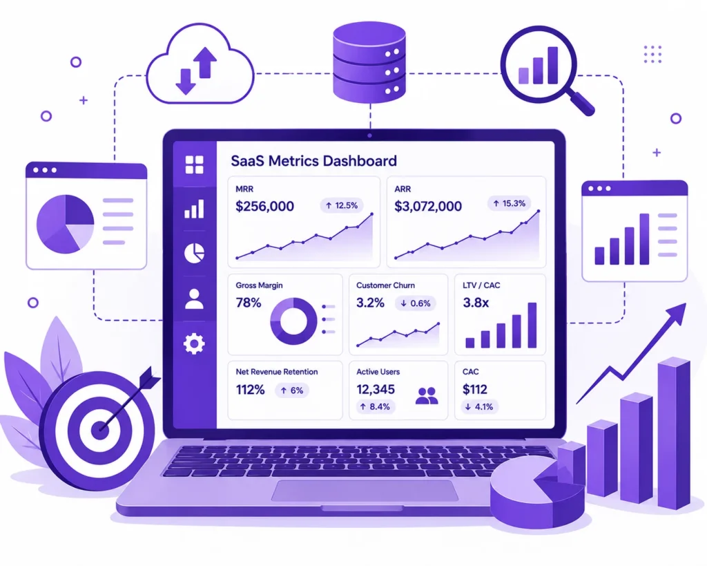 Flat vector illustration of a SaaS metrics dashboard displayed on a laptop, surrounded by cloud, database, analytics, and business growth icons connected with dotted lines in a purple color scheme.
