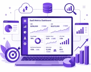 Flat vector illustration of a SaaS metrics dashboard displayed on a laptop, surrounded by cloud, database, analytics, and business growth icons connected with dotted lines in a purple color scheme.