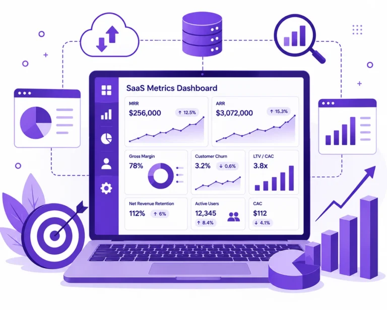 Flat vector illustration of a SaaS metrics dashboard displayed on a laptop, surrounded by cloud, database, analytics, and business growth icons connected with dotted lines in a purple color scheme.