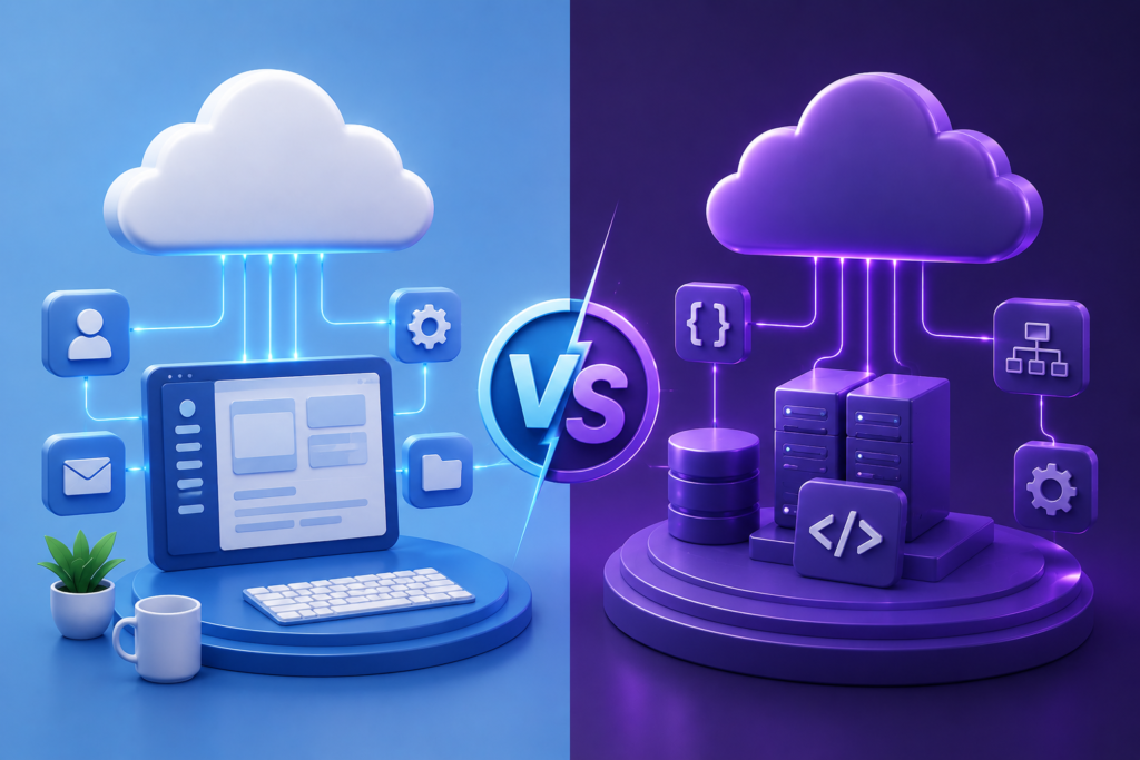3D illustration comparing SaaS vs PaaS with a cloud-hosted software dashboard on the left and a cloud development platform with servers, database, and code icons on the right.