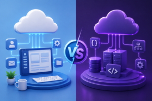 3D illustration comparing SaaS vs PaaS with a cloud-hosted software dashboard on the left and a cloud development platform with servers, database, and code icons on the right.
