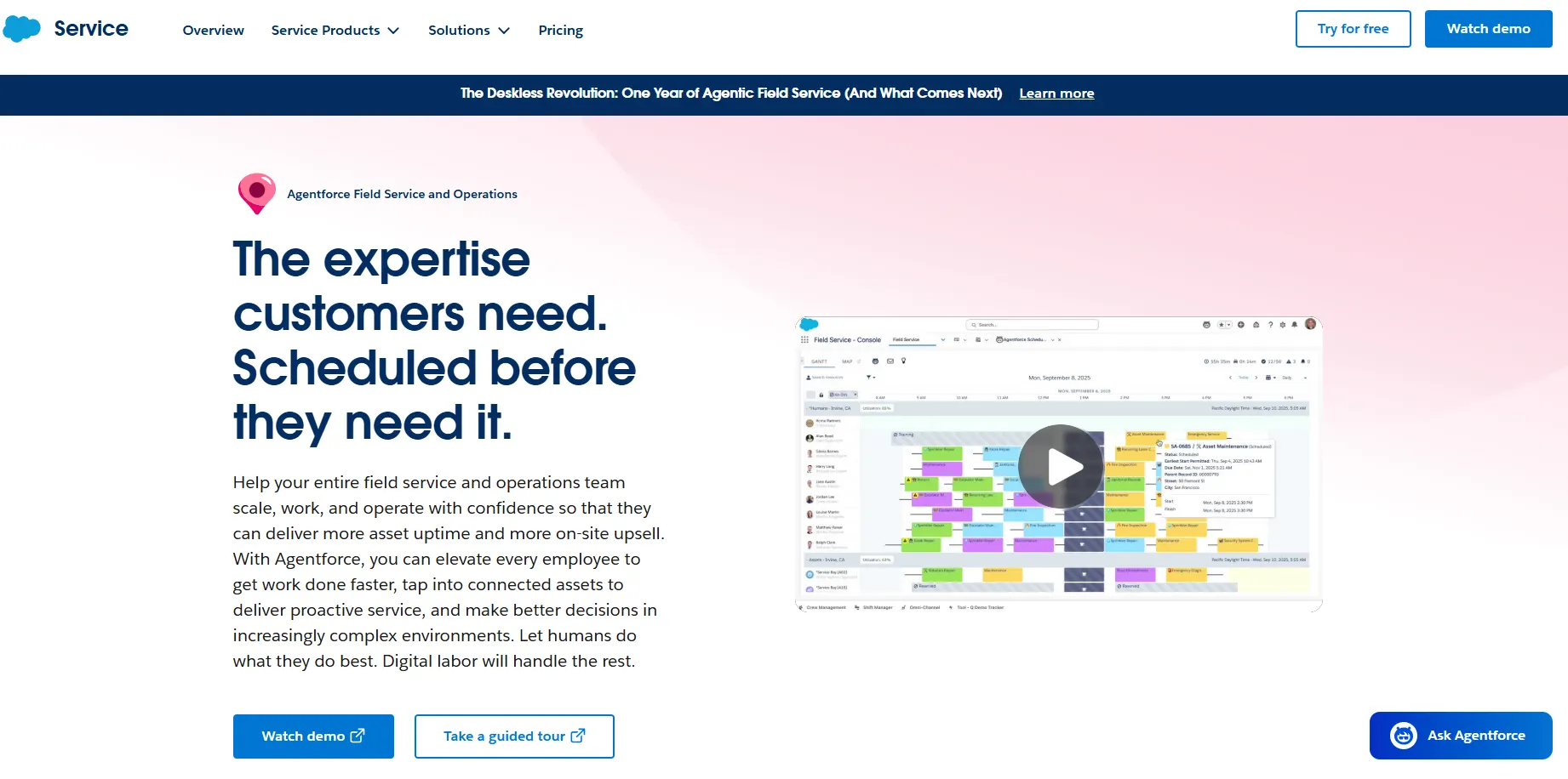 Salesforce Field Service software dashboard featuring AI-powered scheduling, technician dispatch, work order management, and field service operations.