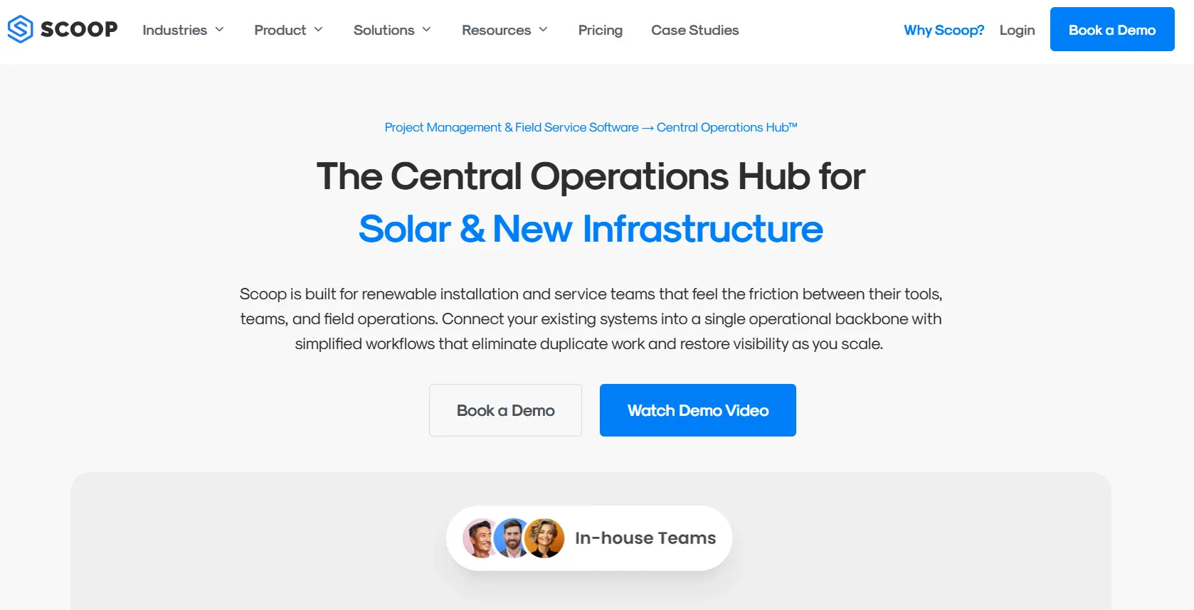 Scoop field service management software for solar and renewable energy projects, featuring project management, field operations, and workflow automation.