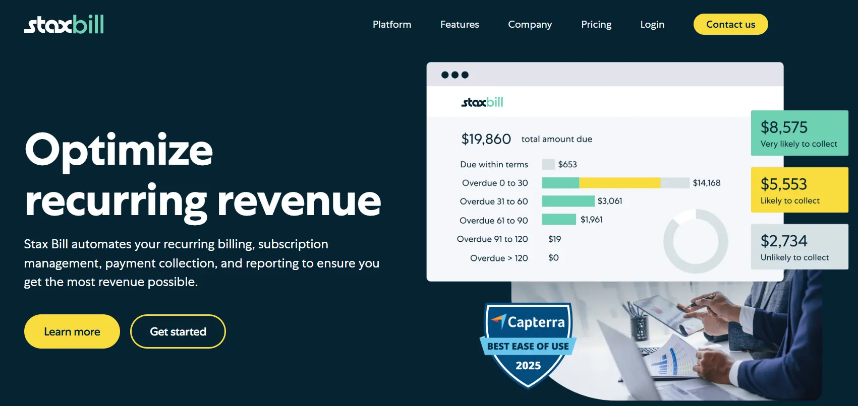 Stax Bill recurring billing and subscription management platform dashboard showcasing automated billing, payment collection, revenue reporting, and subscription management.