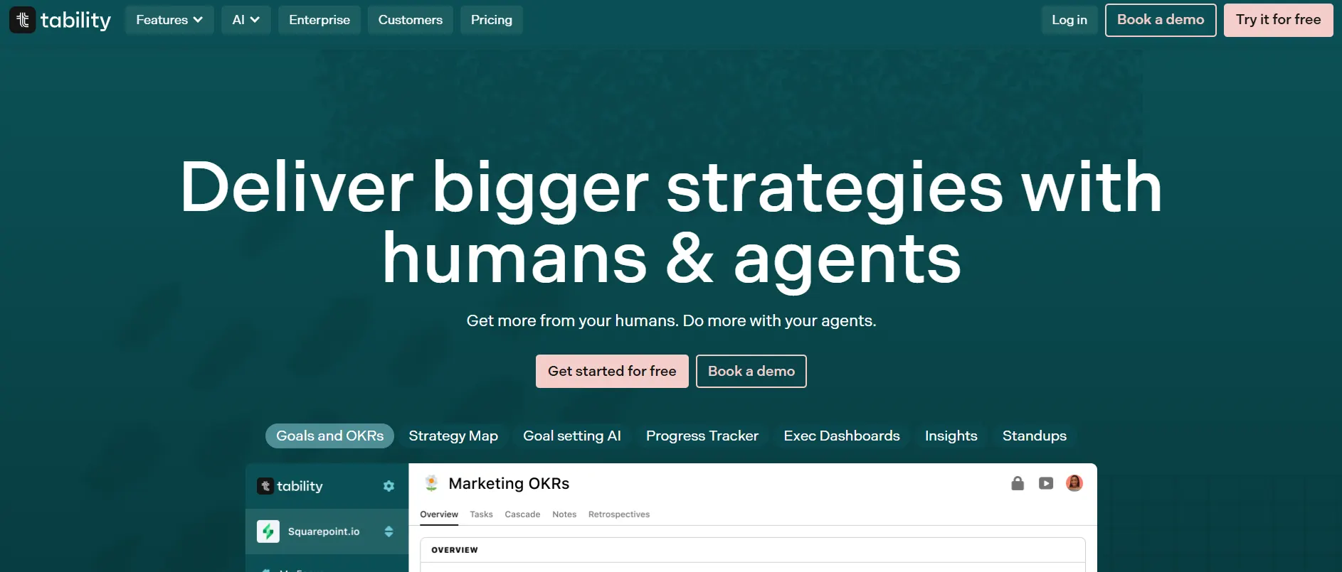 Tability homepage showcasing its OKR software with AI-assisted goal setting, strategy mapping, progress tracking, and executive dashboards for teams.