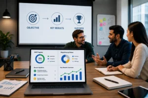 Team meeting discussing OKRs with a presentation showing objectives, key results, and success metrics alongside a laptop displaying an OKR progress dashboard.