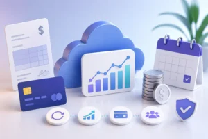 3D illustration of SaaS billing management software featuring cloud billing, subscription analytics, recurring payments, invoices, calendar scheduling, secure payment processing, and revenue growth.