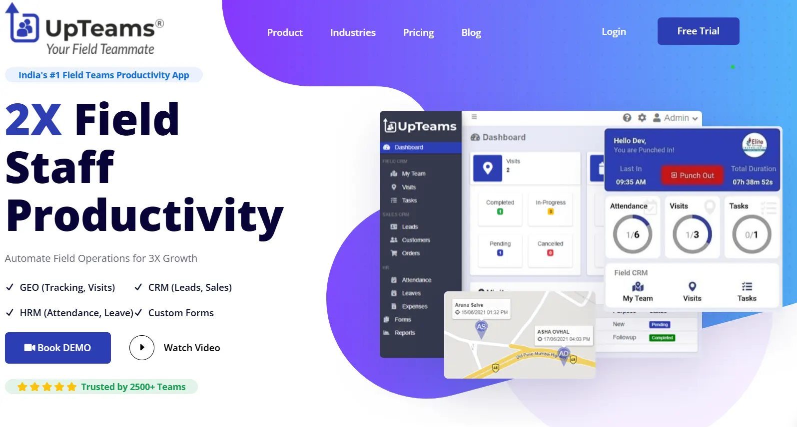 UpTeams field service management software dashboard with GPS tracking, CRM, attendance management, task scheduling, and field staff productivity tools.