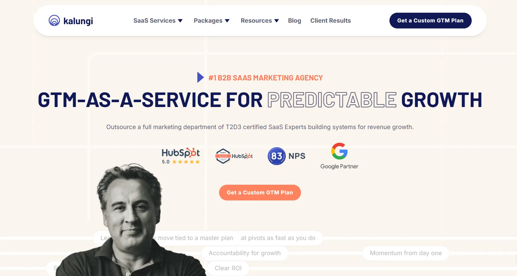 Homepage of Kalungi featuring the headline "GTM-as-a-Service for Predictable Growth" with SaaS marketing messaging, partner badges, and a call-to-action to get a custom GTM plan.