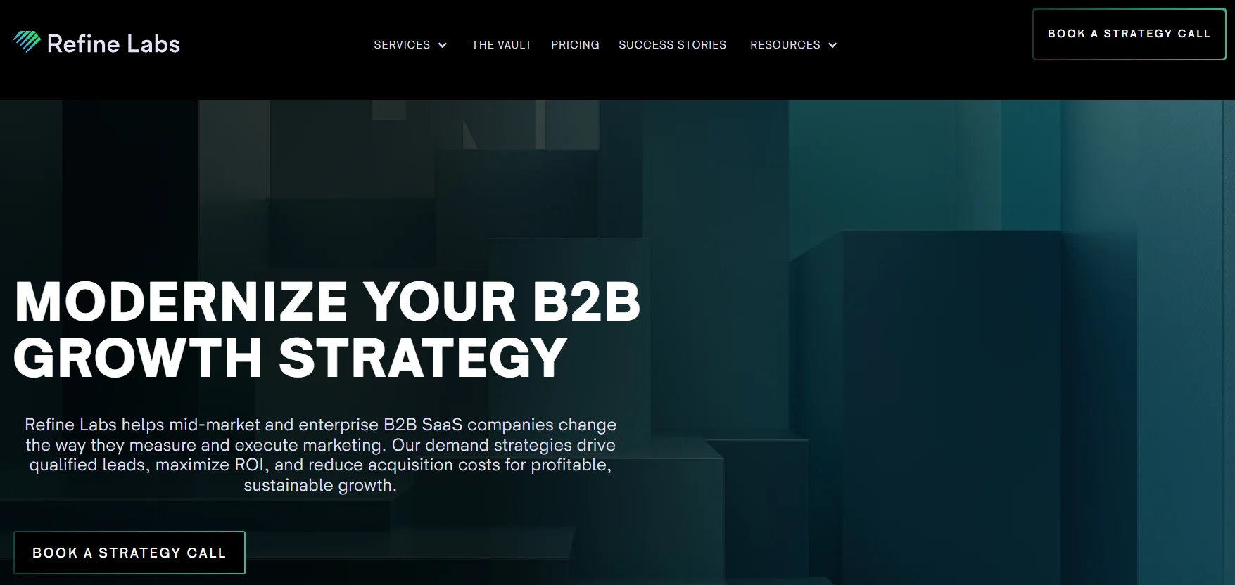 Homepage of Refine Labs displaying the headline "Modernize Your B2B Growth Strategy" with a dark abstract background, navigation menu, and strategy call-to-action for B2B SaaS companies.