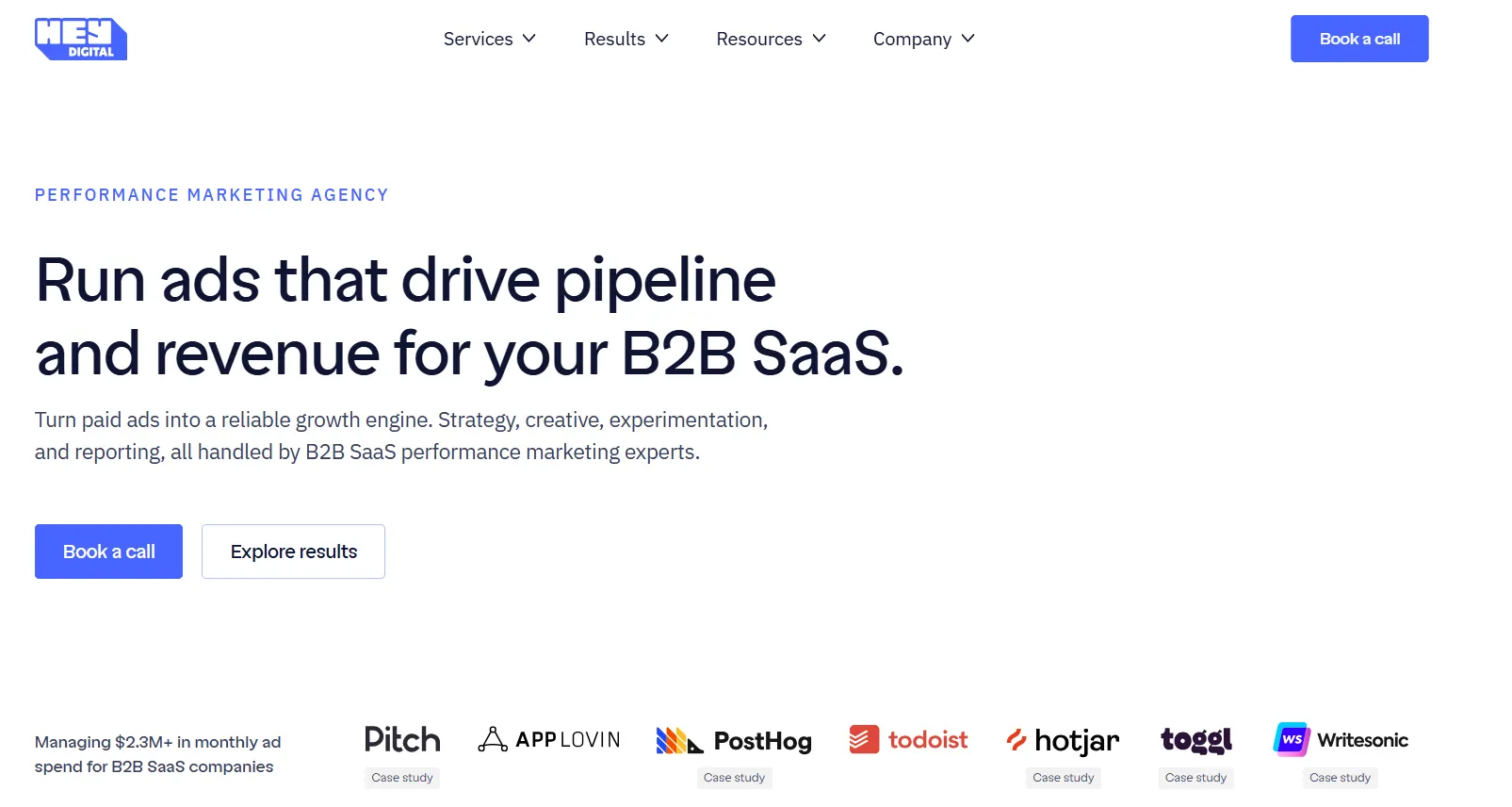 Homepage of Hey Digital featuring the headline "Run ads that drive pipeline and revenue for your B2B SaaS" with navigation links, call-to-action buttons, and logos of SaaS clients.