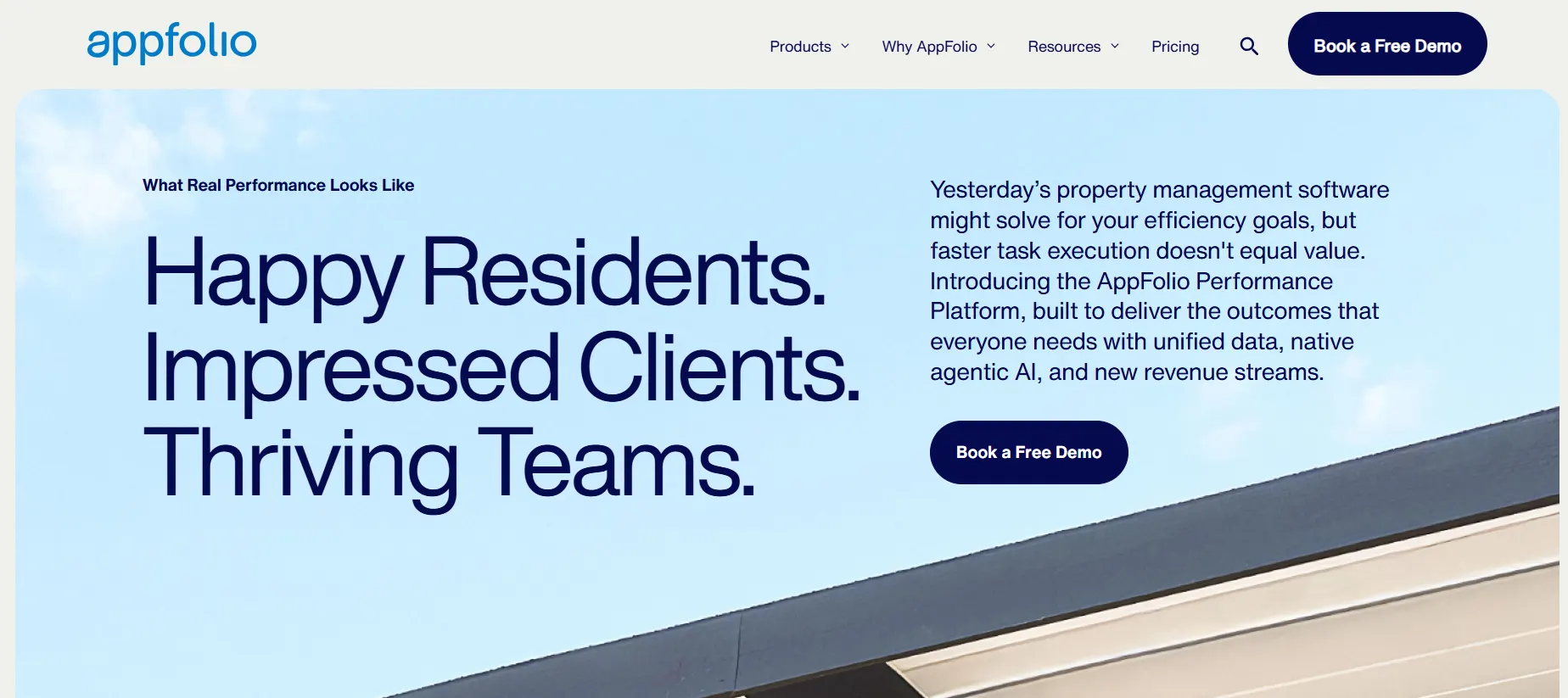 AppFolio property management software homepage promoting resident satisfaction, client results, and team performance.