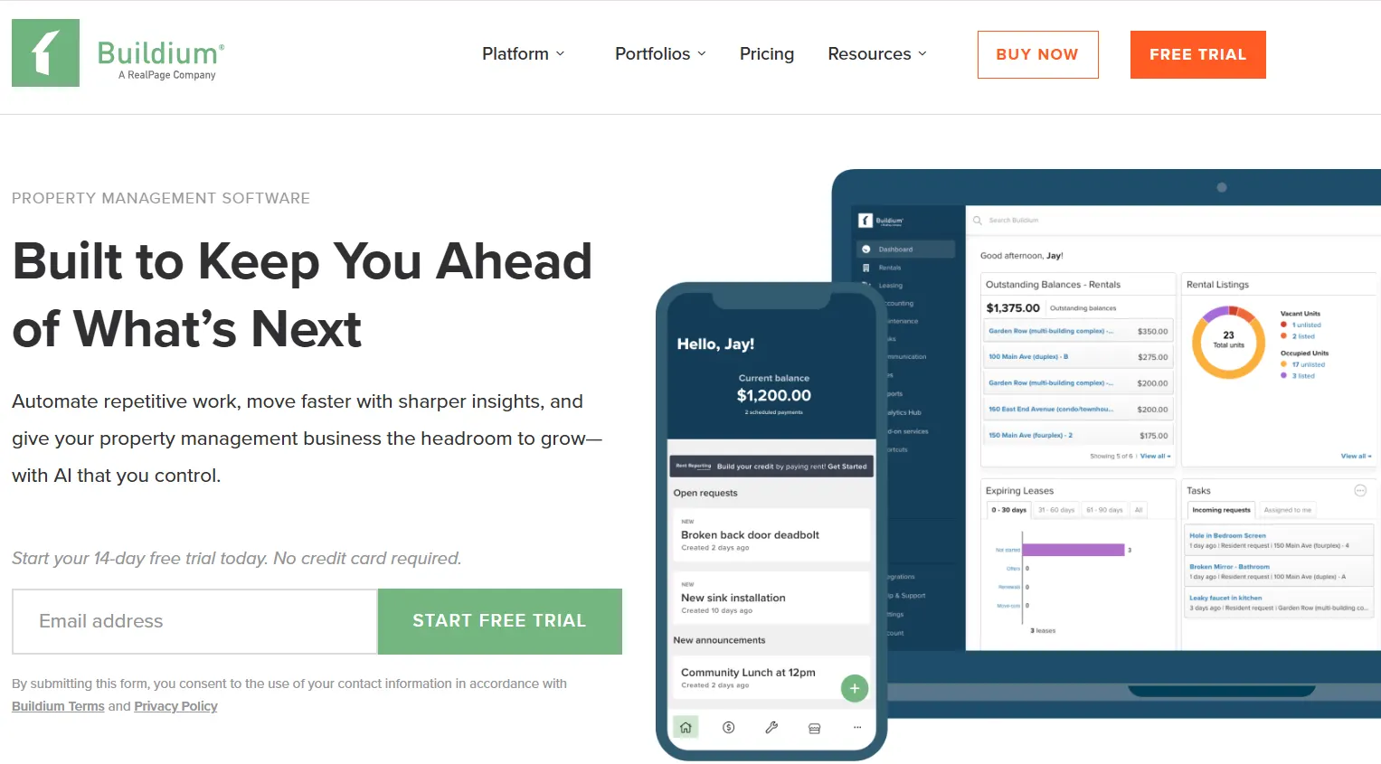Buildium property management software homepage showing a desktop dashboard and mobile app with rental management tools.