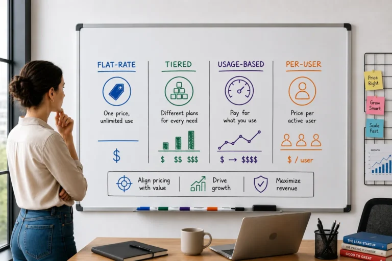 A business professional reviews a whiteboard illustrating SaaS pricing models, including flat-rate, tiered, usage-based, and per-user pricing, in a modern office meeting room.