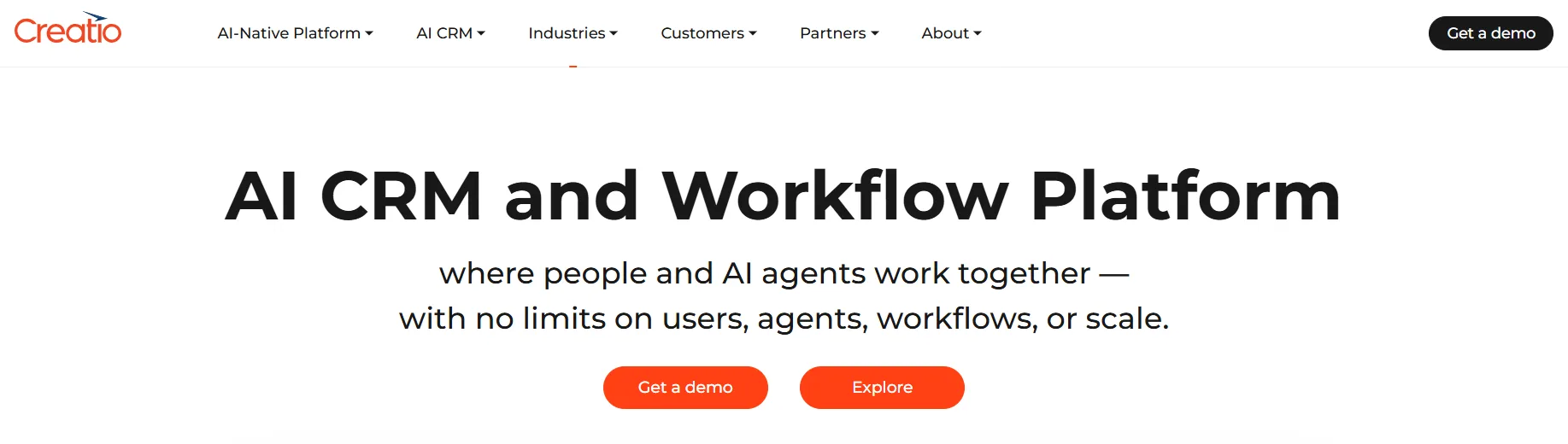 Creatio AI CRM and workflow platform homepage