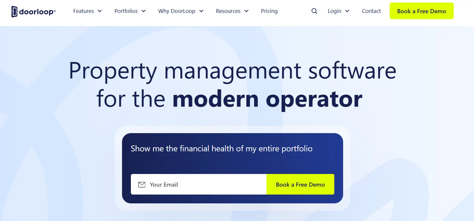 DoorLoop property management software homepage featuring portfolio management tools and a free demo call to action.