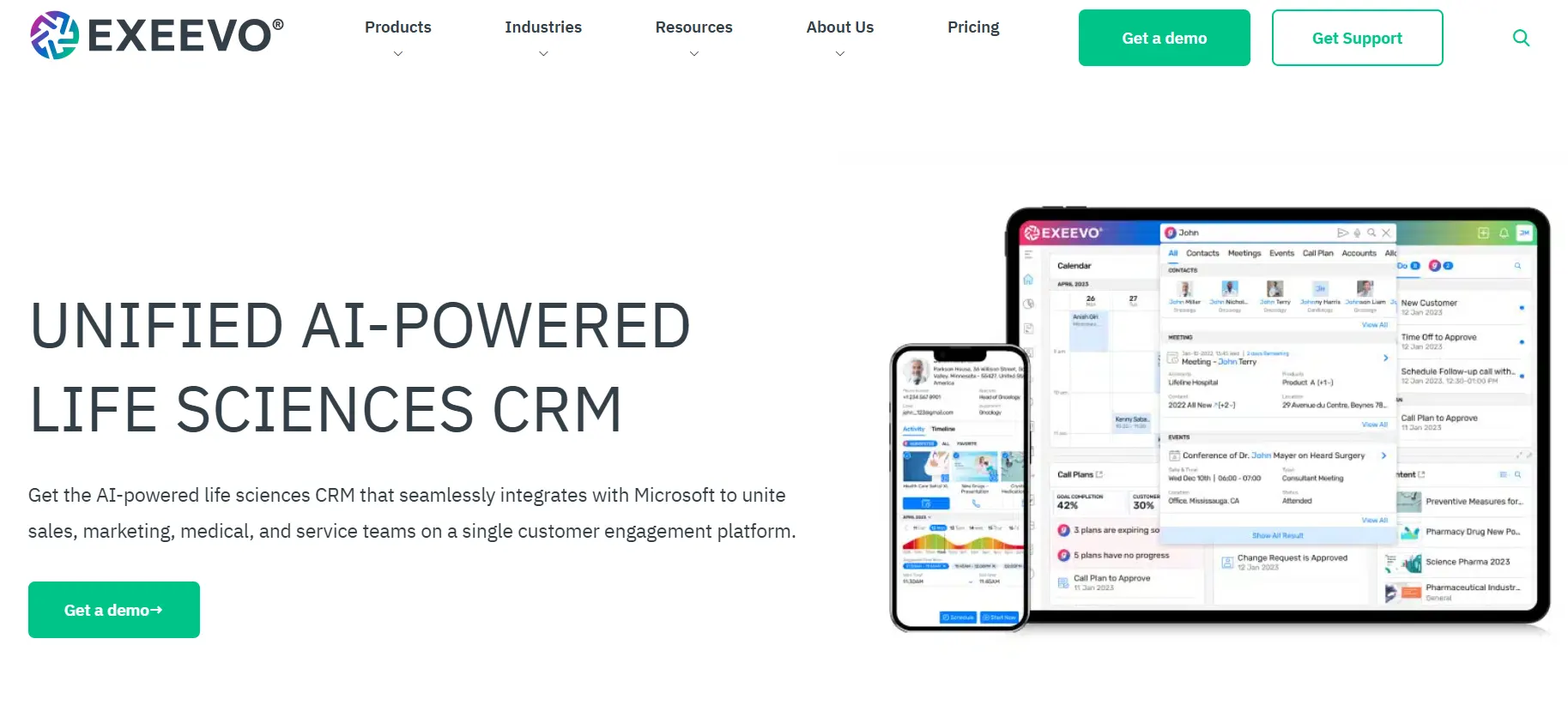 Exeevo AI-powered life sciences CRM platform with desktop and mobile dashboards