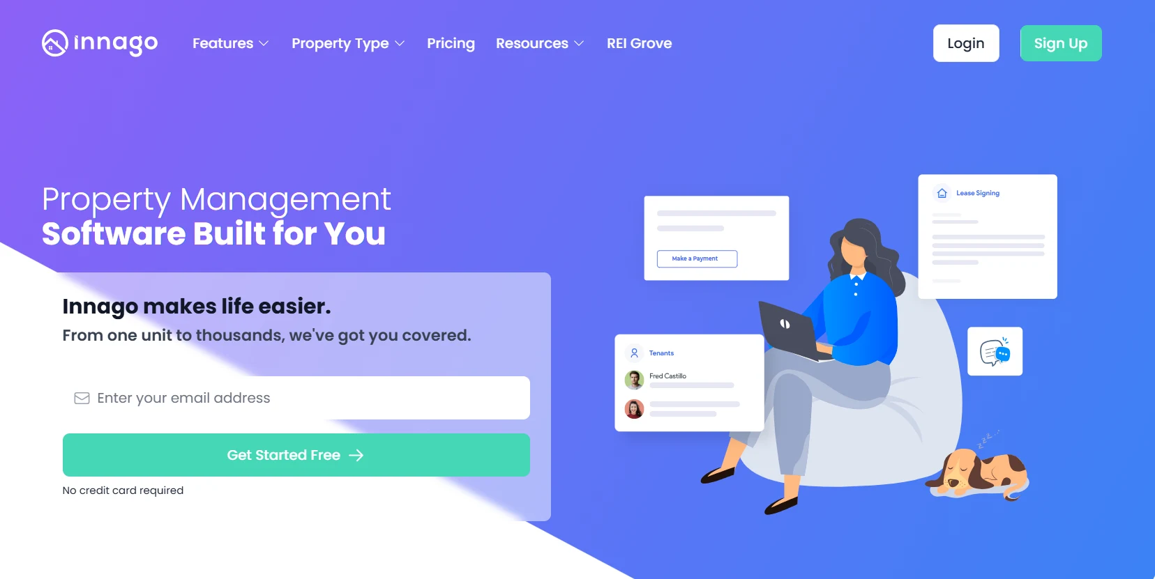 Innago property management software homepage showing a colorful interface with tenant, lease signing, payment, and property management features.