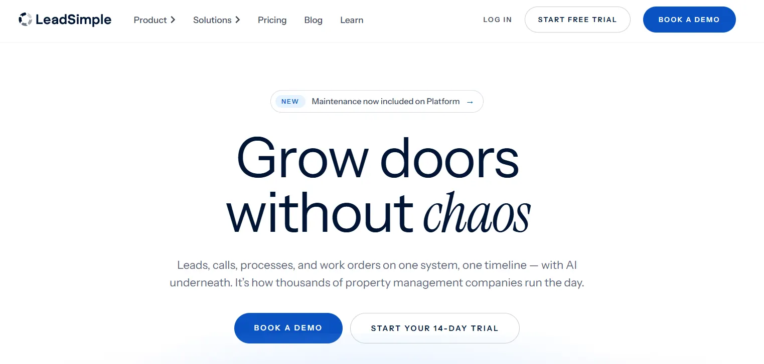 LeadSimple property management CRM website homepage with a “Grow doors without chaos” headline and demo and free trial buttons.