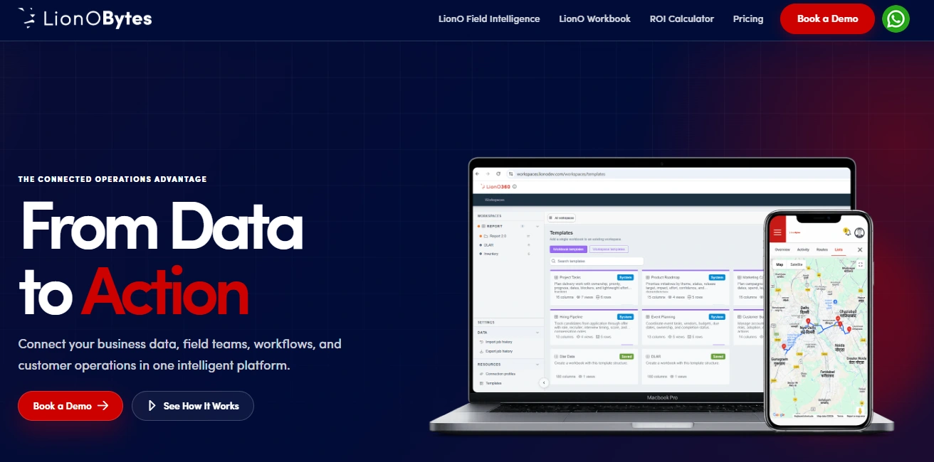 LionOBytes CRM platform with laptop and mobile field intelligence dashboard