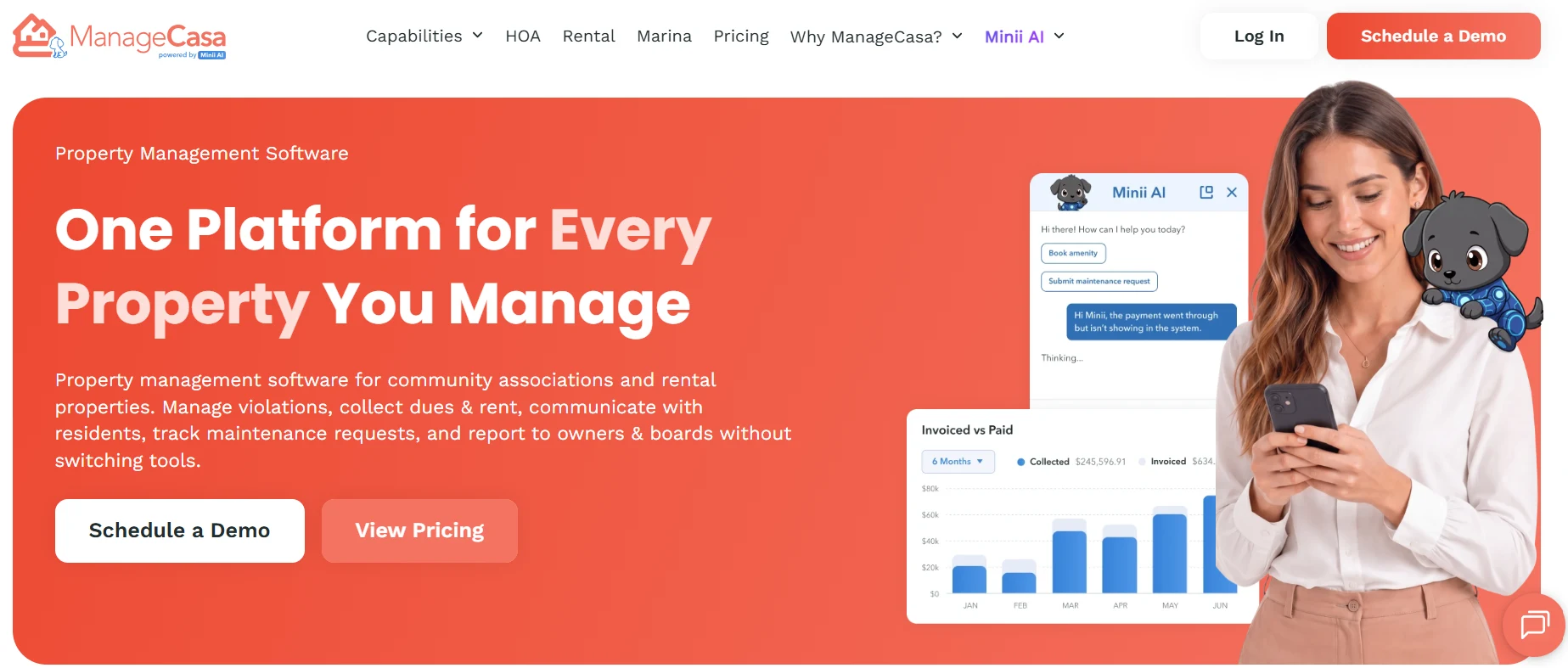ManageCasa property management software homepage featuring an all-in-one platform for rental properties and community associations.