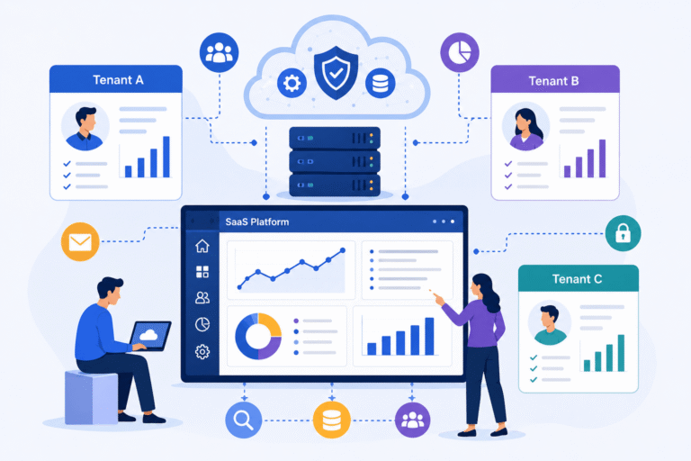 Multi-tenant SaaS architecture illustration showing three tenants connected to a shared SaaS platform, database, cloud security, and user access controls.