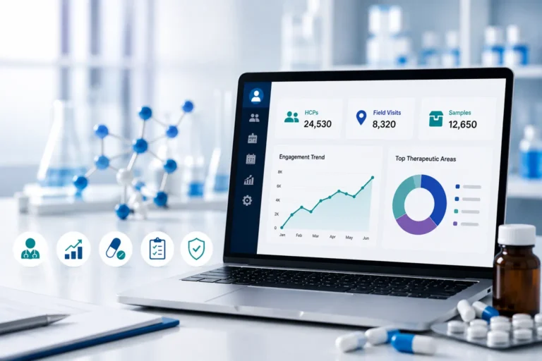 Pharmaceutical CRM software dashboard on a laptop in a modern lab