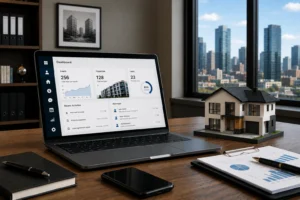 Modern office desk with a laptop displaying a property management dashboard, architectural model, smartphone, and business documents.