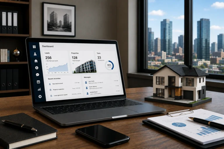 Modern office desk with a laptop displaying a property management dashboard, architectural model, smartphone, and business documents.