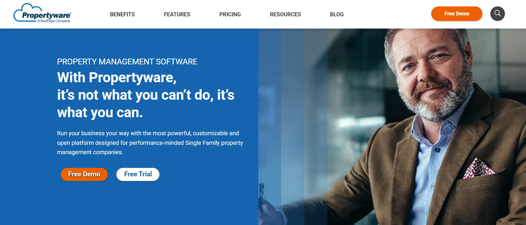 Propertyware property management software homepage featuring customizable property management tools and a professional business owner.
