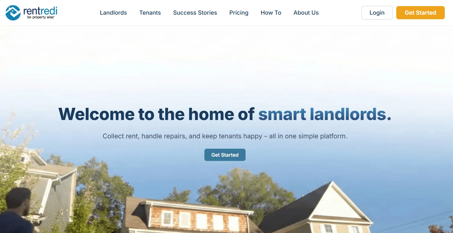 RentRedi property management platform homepage showing a smart landlord-focused rental management service.