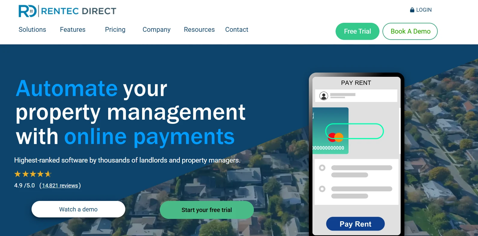 Rentec Direct property management software homepage featuring online rent payments, property management automation, and a free trial.
