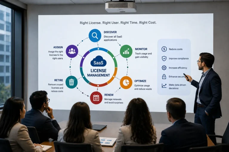 SaaS license management lifecycle showing software discovery, license assignment, usage monitoring, optimization, renewals, and retirement