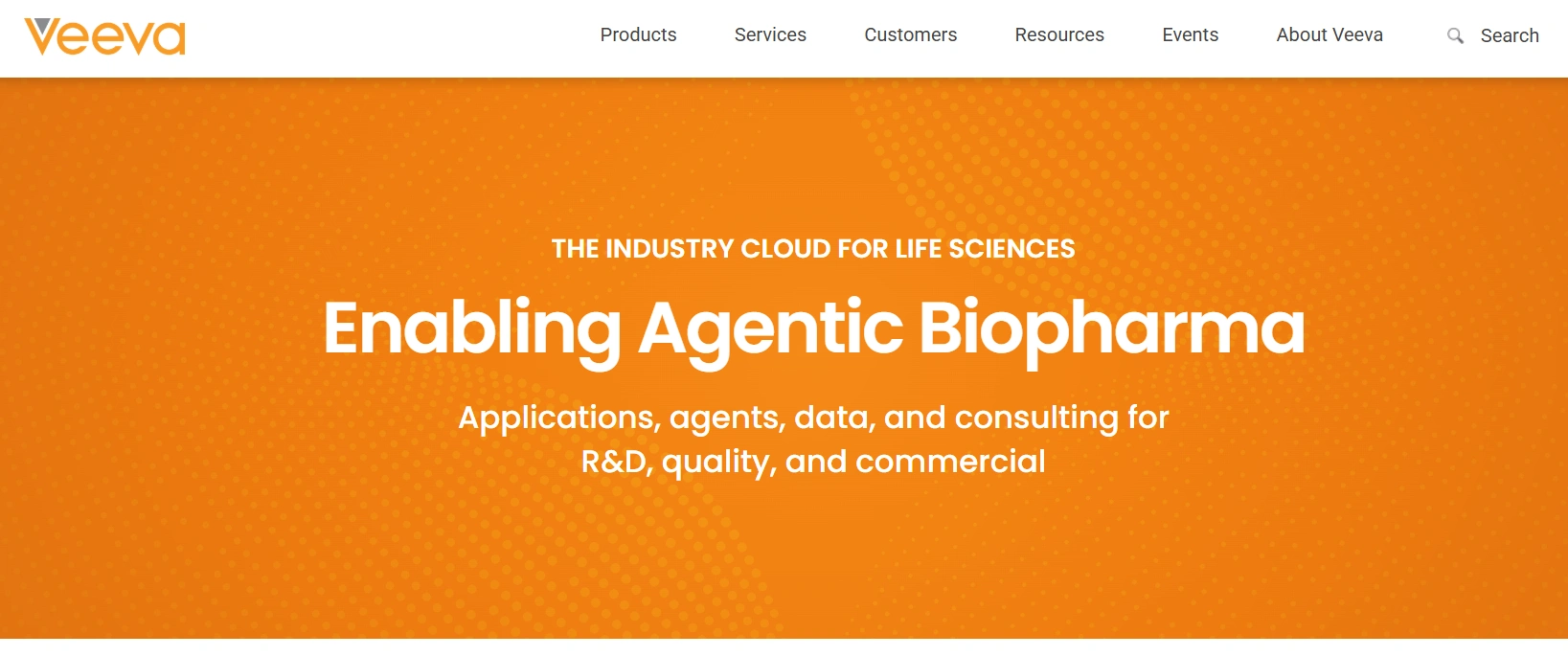 Veeva life sciences platform homepage featuring agentic biopharma solutions